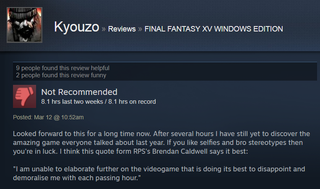 Illustration for article titled Final Fantasy XV, As Told By Steam Reviews